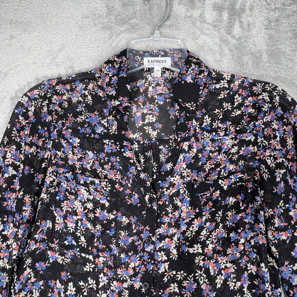 Express Shirt Womens Small Black Blue Pink Micro Floral Portofino Office Casual - Picture 4 of 8